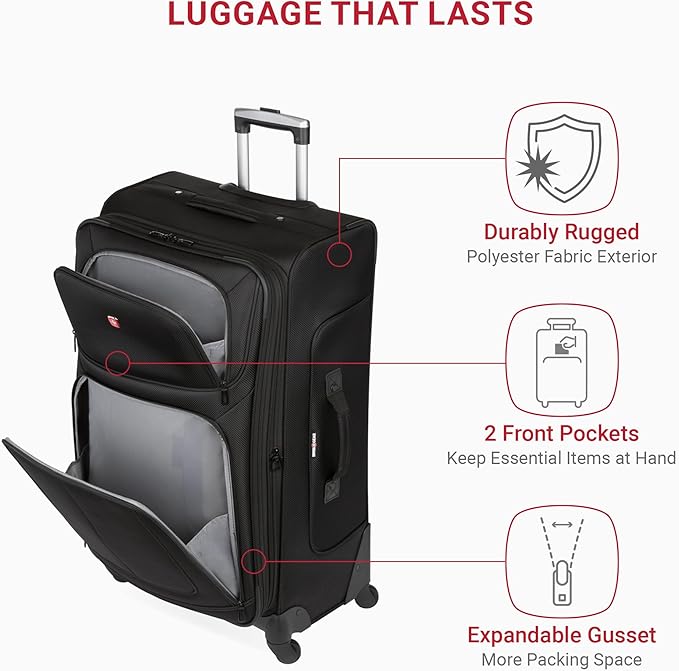 SwissGear Sion Softside Expandable Luggage – Large Checked Suitcase with 360 Degree Wheels & Retractable Handle – 29 Inch, Perfect for 7-9 Night Trips – Black