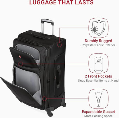 SwissGear Sion Softside Expandable Luggage – Large Checked Suitcase with 360 Degree Wheels & Retractable Handle – 29 Inch, Perfect for 7-9 Night Trips – Black