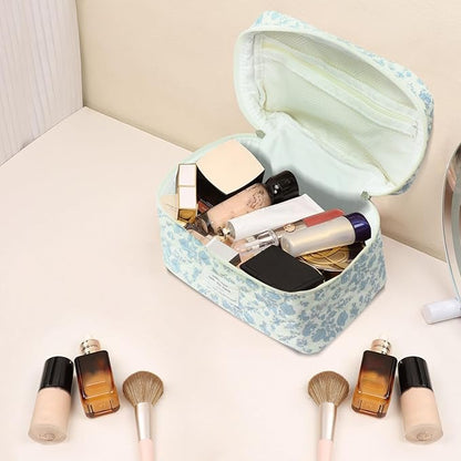 Large Makeup Bag, Cute Cosmetic Bag for Women Girls, Floral Coquette Aesthetic Toiletry Bag, Travel Make Up Organizer Bag (light blue)