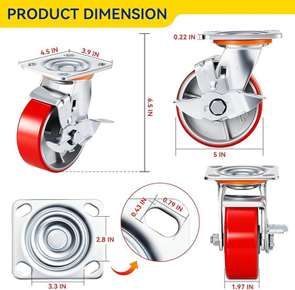 5 Inch Heavy Duty Caster Wheels Set Of 4 Industrial Casters With Side Brake,Load 4000Lbs,Polyurethane Silent Steel Wheels,for Heavy Duty Die,Industrial Equipment Movement,U-Boat Cart(4 SideBrake)