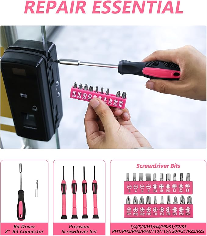 40-Piece Pink Tool Set - General Household 40 PCS Hand Tool Kit with Plastic Toolbox Storage Case (Pink)