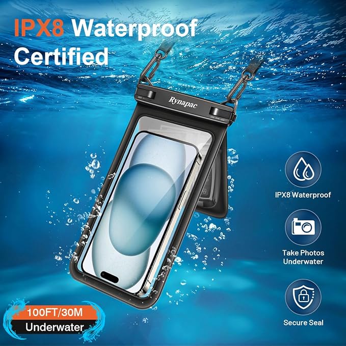 Waterproof Phone Pouch, [Up to 8.5''] Double Space Waterproof Phone Case with Lanyard for iPhone 17 16 15 Pro Max Galaxy S25 Ultra, Cellphone Dry Bag for Beach Vacation, 2 Pack (Black & Green)