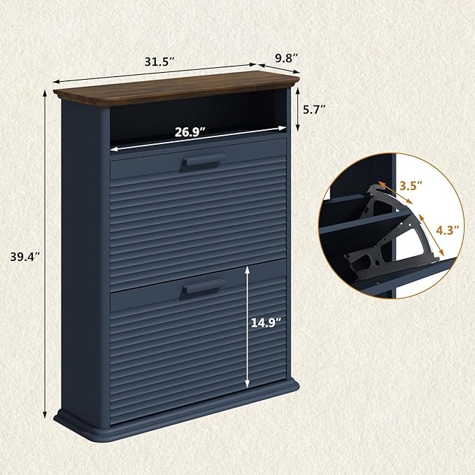 Fluted Shoe Cabinet for Entryway, Modern Shoe Storage Organizer with 2 Flip-Down Drawers & Adjustable Shelves, Hidden Narrow Slim Shoe Rack for Hallway, Mid-Century Modern Furniture, Dark Navy Blue