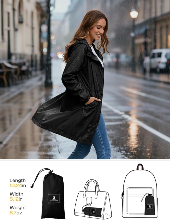 SaphiRose Women's Lightweight Long Rain Jacket Packable Raincoat Hooded Outdoor Trench Coats