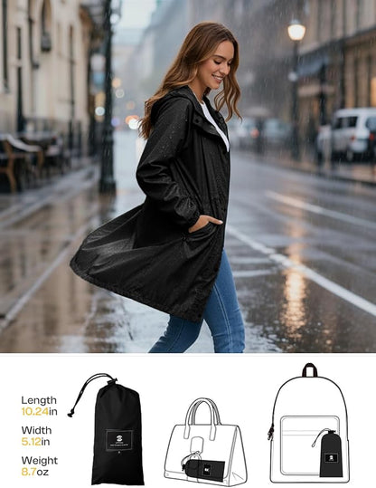 SaphiRose Women's Lightweight Long Rain Jacket Packable Raincoat Hooded Outdoor Trench Coats