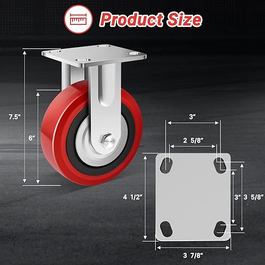 Nefish 6 Inch Industrial Grade Casters Wheels, Heavy Duty Polyurethane Casters (2 PACK) with Dual Ball Bearing, Solid Polyurethane Wheel 2250 Lb, Rigid Casters for Cart, Industrial, Machine