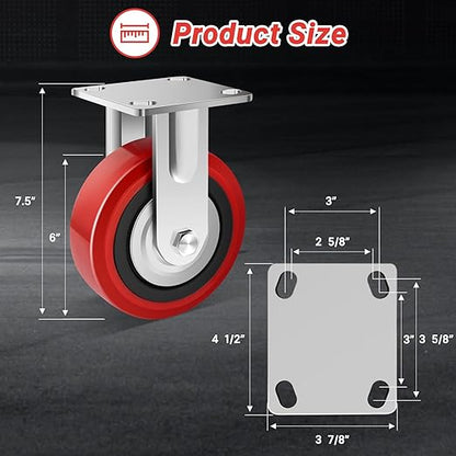 Nefish 6 Inch Industrial Grade Casters Wheels, Heavy Duty Polyurethane Casters (2 PACK) with Dual Ball Bearing, Solid Polyurethane Wheel 2250 Lb, Rigid Casters for Cart, Industrial, Machine