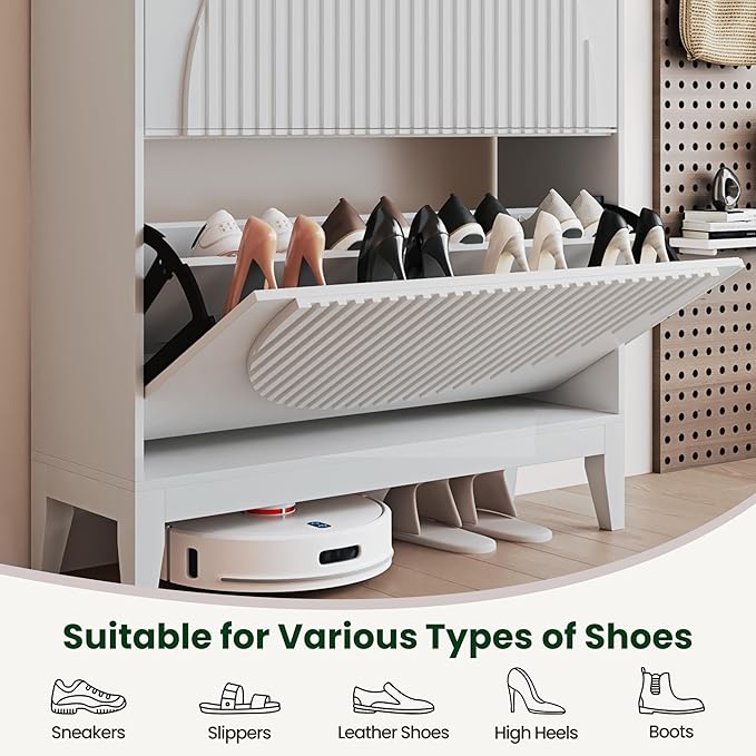 Shoe Cabinet with 2 Flip Drawers, Narrow Wooden Shoe Storage Cabinet for Entryway, Free-Standing Shoe Organizer with Rattan-Style Doors, Space-Saving Shoe Rack for Heels, Boots & Slippers(White)