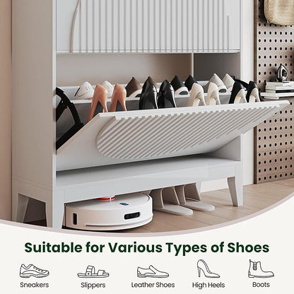 Shoe Cabinet with 2 Flip Drawers, Narrow Wooden Shoe Storage Cabinet for Entryway, Free-Standing Shoe Organizer with Rattan-Style Doors, Space-Saving Shoe Rack for Heels, Boots & Slippers(White)