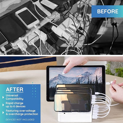 Charging Station for Multiple Devices – 6-Port USB Charging Dock for Apple & Android – Fast Multi-Charger Organizer for Phones, Tablets & More – Universal Desktop Charging Hub with Smart IC Tech