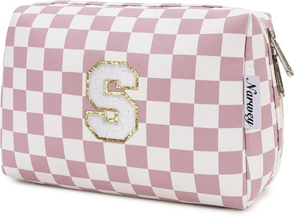 Narwey Birthday Gifts for Teen Girls Kids Women Personalized Initial Checkered Makeup Bag Pink Monogram Cosmetic Bag Trendy Stuff 6 8 10 11 12 13 14 16 18 Years Old Travel Toiletry Bag (Dusty Rose S)