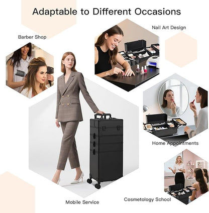 Professional Rolling Makeup Case, Cosmetology Case on Wheels 4 in 1 Large Cosmetic Train Case, Ideal Gift for Hairstylist, Nail Techs, Portable Beauty Organizer for Travel or Salon Use,Black