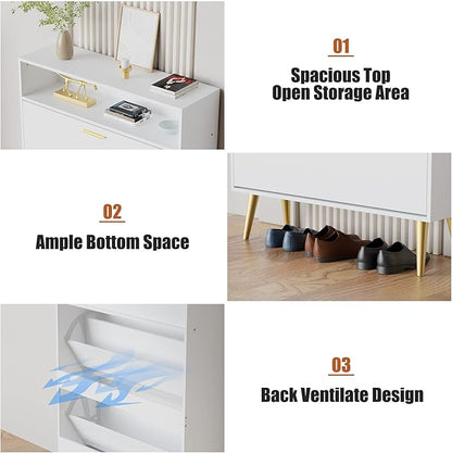 JOZZBY Shoe Cabinet for Entryway, White Narrow Shoe Storage Cabinet with 2 Flip Drawers, Freestanding Hidden Shoe Rack Storage with Open Shelves for Hallway, Living Room