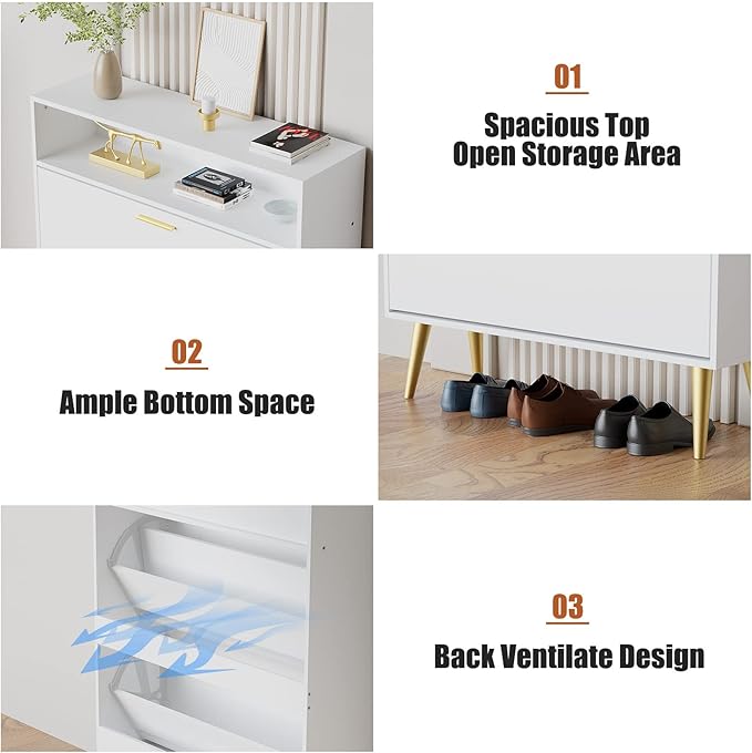 JOZZBY Shoe Cabinet for Entryway, White Narrow Shoe Storage Cabinet with 2 Flip Drawers, Freestanding Hidden Shoe Rack Storage with Open Shelves for Hallway, Living Room, Set of 2