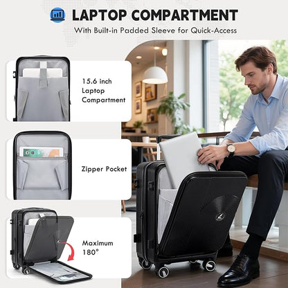 RAINSMORE Carry on Luggage Airline Approved, 20 Inch Expandable Hard Sided Carry on Suitcase with Spinner Wheels, Hard Shell Small Rolling Travel Luggages for Women Men with Tsa Lock, Black