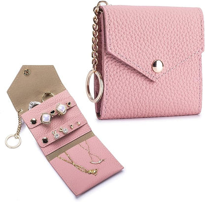 Small Travel Jewelry Organizer Case for Women, Genuine Leather Mini Jewelry Roll with Keychain, Portable Earring Ring Necklace Storage Pouch for Short Trips & Daily Use