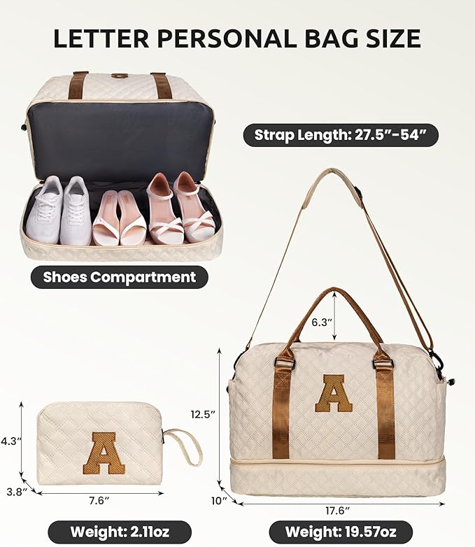 Initial Duffle Bag, Personalized Weekender Bag with Shoulder Strap, Monogram Overnight Bag for Women Wet Pocket, Letter Travel Bag with Makeup Bag Gifts for Niece (Letter R), Beige
