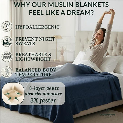 Cloud Scape Linen 8-Layer Muslin Blanket King Size for Adult - 100% Cotton, Breathable and Soft, Perfect Winter Cozy Blanket, Fits up to California King Bed, 92x108, Ensign Blue