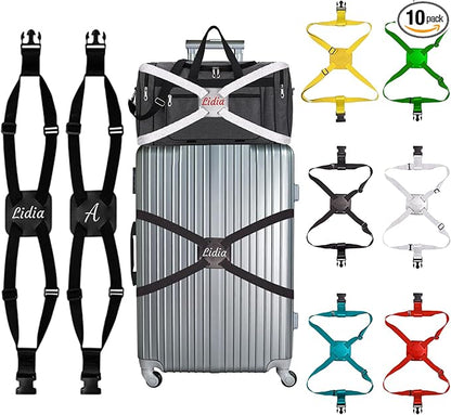 Personalized Luggage Straps Bag Bungee, 10 Pcs Custom Luggage Straps for Suitcases - Add a Bag Securely, Burst-Proof Elastic Travel Strap, High-Vis Luggage Connector Straps Adjustable 28"-95"