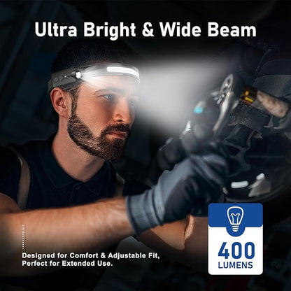 Rechargeable LED Headlamp, 400 Lumens, 230° Wide Beam, USB-C, IPX4, 5 Modes — Lightweight, Adjustable Headband; Hard Hat Clips for Camping, Hiking, Running, Repairs & Gift