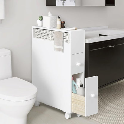 MASAKA B&W Slim Bathroom Storage Cabinet, Side Storage Organizer Toilet,Toilet Paper Storage, Movable Bathroom Storage Cabinet with 2 Drawers and Shelf, Corner Shelves