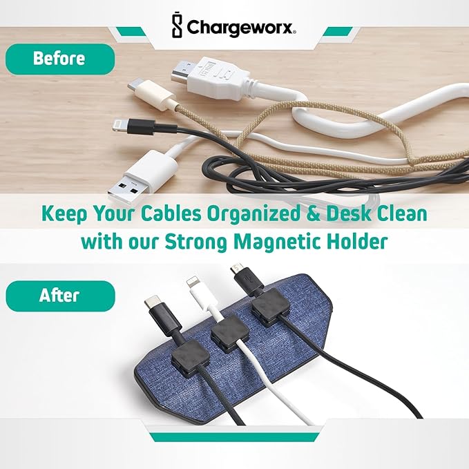 CHARGEWORX Magnetic Cable Organizer – 4 Pack - Weighted Non-Adhesive Cord Holder with 3 Magnetic Clips for USB-C, Lightning & MagSafe Cables – Desk, Office & Nightstand Cable Management