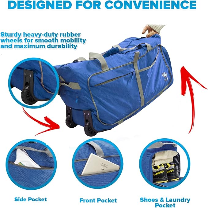 Bago Rolling Duffle Bag with Wheels - 27" 80L Foldable Weekender Bag, Waterproof Travel Duffel Bag, Heavy Duty LightWeight Duffle Bag for Traveling, Rolling Duffel Bag with Wheels (Blue2023)