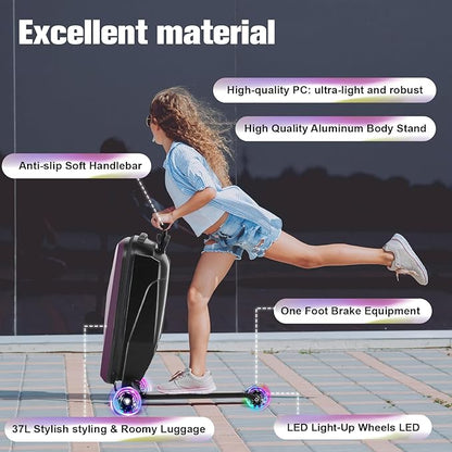 smilesun Scooter Luggage For Kids & Adults， Hardside Ride On Suitcase For Kids Ages 4-15 Multifunctional Lightweight Foldable Carry On Luggage With Wheels Ride On For Children Teenagers（Purple）