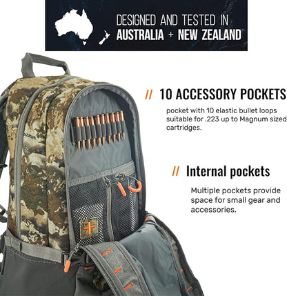 SPIKA Hunting Backpacks for Men, 25L Camo Hunting Day Pack with Water Bladder, Removable Waist Belt, Rifle Holder, Internal Ammo Storage and Rain Cover