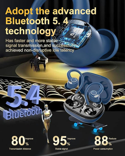 Wireless Earbuds, Bluetooth 5.4 Headphones Sport, Over Ear Buds with ENC Noise Cancelling Mic, 48H, Wireless Earphone with Earhooks, Stereo Deep Bass, IP7 Waterproof Ear Bud for Workout Running, Blue