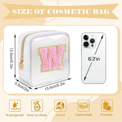 Personalized Initial Letter Clear Preppy Makeup Bag,Mini Nylon Chenille Letter Cosmetic Bag Cute Zipper Pouch Purse for Teen Girls,Portable TSA Approved Beach Travel Essentials Bag Gift for Women,W