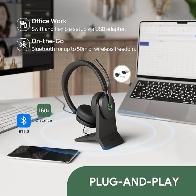 Yealink BH74 with Stand Active Noise Canceling Wireless Headset with Mic for Work, 6-mics Hybrid ANC Microsoft Teams Premium Open Ofﬁce Certified Headsets Bluetooth 5.3, up to 32h Talk, UC Compatible