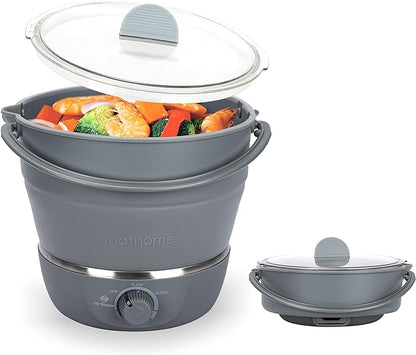Drizzle Foldable Electric Cooker Travel Hot Pot - Dual Voltage 100V-240V Hot Pot Cooking - Food Grade Silicone Cookerware Boiling Water Steamer - Camping Office Hotel Noodle Porridge Soup Drom
