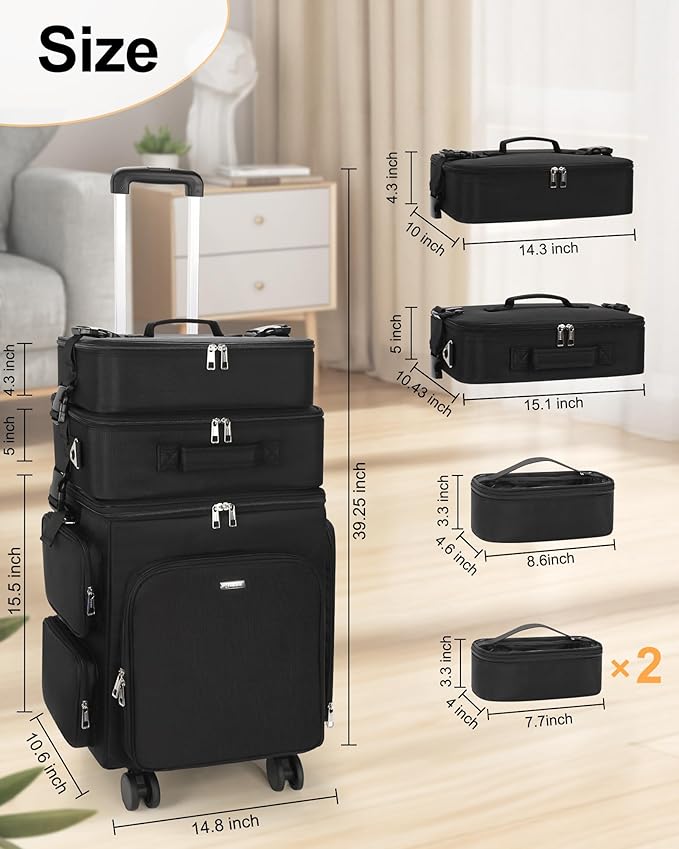 Relavel Rolling Makeup Case, 3 in 1 Hairstylist Traveling Bag Cosmetology Case on Wheels Large Hair Tools Cosmetics Train Case Makeup Artist Storage Organizer Trolley Suitcase with 360° Swivel Wheels