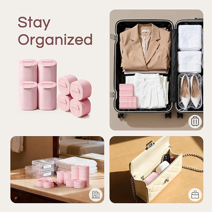 GIGIGO Magnetic Travel Containers Pink Set, 8-Pack Leakproof Refillable Cosmetic Capsules (0.68/1.69/3.04 fl oz) for Toiletries, Customizable Travel Size Jars with Lids & Labels for Skincare, Shampoo