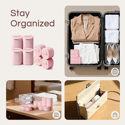 GIGIGO Magnetic Travel Containers Pink Set, 8-Pack Leakproof Refillable Cosmetic Capsules (0.68/1.69/3.04 fl oz) for Toiletries, Customizable Travel Size Jars with Lids & Labels for Skincare, Shampoo