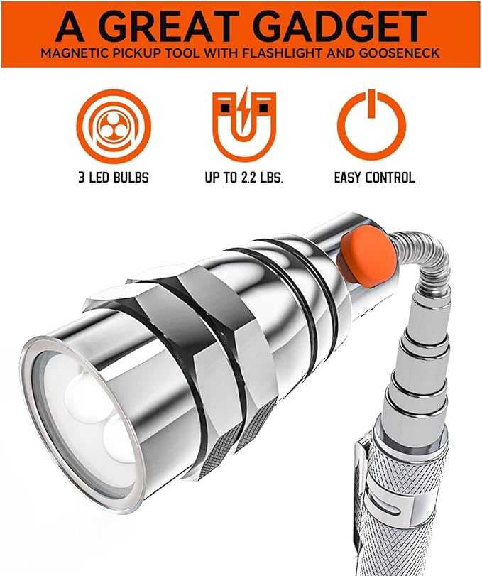 VIBELITE Extendable Magnetic Flashlight with Telescoping Magnet Pickup Tool-Cool Gadget Christmas Gifts Stocking Stuffers for Men, Teen Boys, Dad, Father, Mechanic, Boyfriend, Women, Silver, 2 Pack