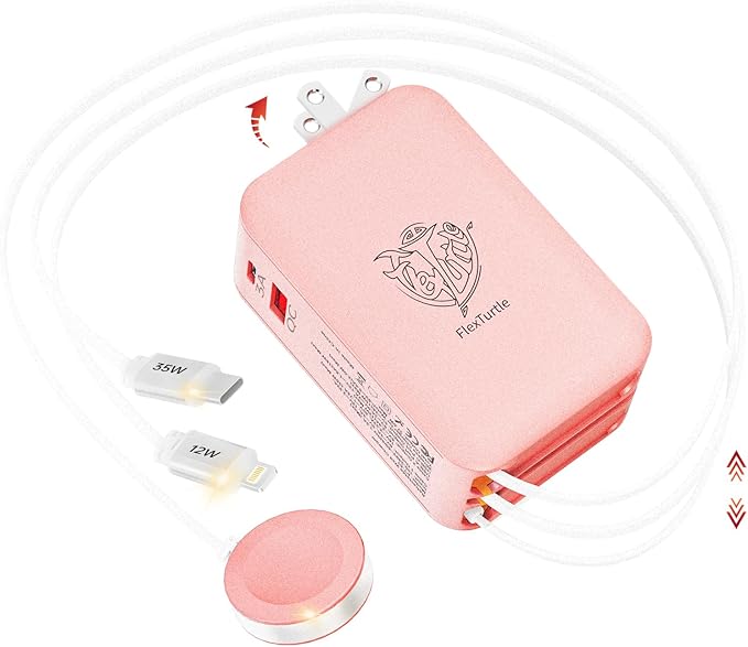Retractable Apple Watch Charger, 5 in 1 Travel Charging Station for Apple Devices, Retractable Chargers for Multiple Devices with Multi Charging Cable, Charger Block for Apple Gear (Pink)