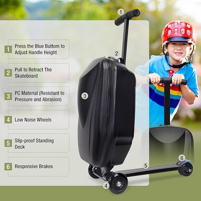 Apelila 20" Scooter Suitcase for Kids, 2-in-1 Ride On Luggage with Wheels for Boys & Girls Ages 4-15, Foldable Hardshell Carry On Lightweight Travel Suitcase for Airplane (Black)