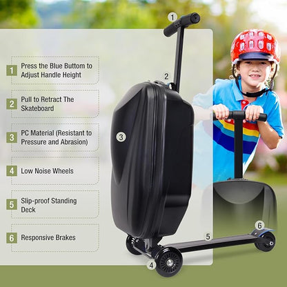 Apelila 20" Scooter Suitcase for Kids, 2-in-1 Ride On Luggage with Wheels for Boys & Girls Ages 4-15, Foldable Hardshell Carry On Lightweight Travel Suitcase for Airplane (Black)