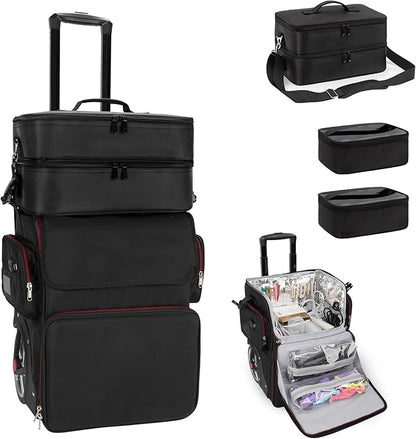 Large Makeup Train Case with a Large Makeup Travel Case for Hairstylist, Hairdresser Bag with Detachable Pouch,Heat Insulation and Anti-scalding for Hairdressing Tool Organizer 2 in 1, Big wheels