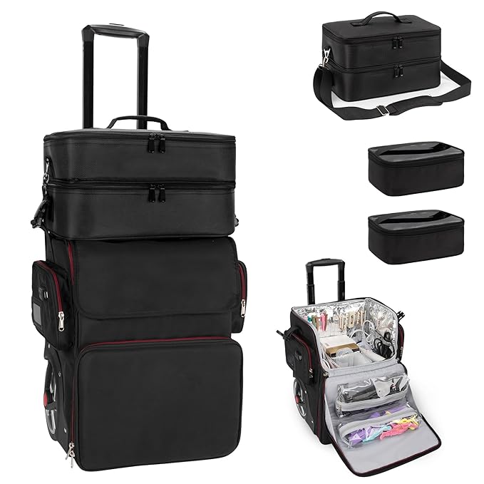 Large Makeup Train Case with a Large Makeup Travel Bag for Hairstylist, Hairdresser Bag with Detachable Pouch,Heat Insulation and Anti-scalding Full layer for Hairdressing Tool Organizer, Big wheels