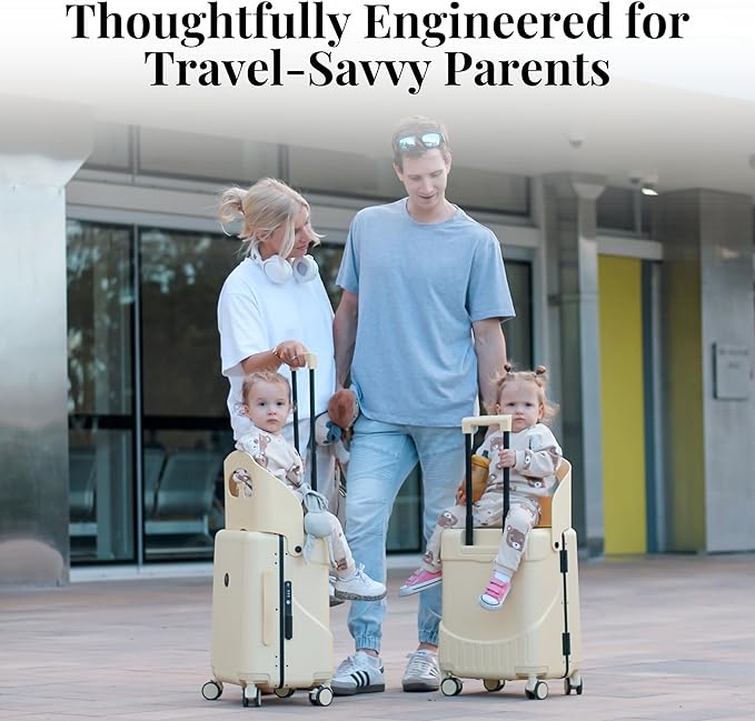 RAINRO & CO Butter Beige 20" Ride-On Carry-On Luggage for Kids & Adults with Built-In Seat, Spinner Wheels, and Secure TSA Lock – Durable Hardside Carry-On