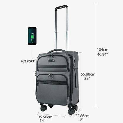 KROSER Softside Expandable Carry On Luggage with Front Business Pockets，20 Inch Suitcases with Spinner Wheels & Built-in TSA Lock, Durable Suitcase Rolling Luggage with USB Port, Grey
