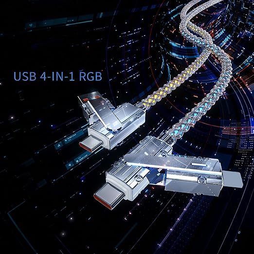 USB Cable PD Fast Charger Lighted Up (USB 4IN1 RGB),Supports Data Transfer, can be Used as a Night Light, Cable Length Approx. 39 inches, Compatible with Most Devices.