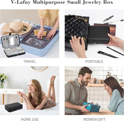 2-Layer Travel Jewelry Box for Women, Portable Jewelry Organizer with Mirror & Removable Dividers, PU Leather Jewelry Case Gift for Wife, Mom, Girlfriend (Black Grey)