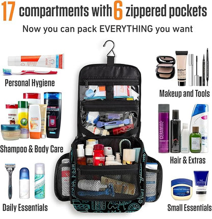 VENTURE 4TH Hanging Travel Toiletry Bag for Women & Men – Large Toiletry Organizer with 17 Compartments, Removable TSA Pouch, Travel Wash Bag for Toiletries, Makeup & Shaving Kit (Surfing Vibes)