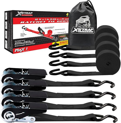 XSTRAP STANDARD Ratchet Tie Down Straps 4 Pk 10 Ft- 300 Lbs Load Cap- 900 Lbs Break Strength-Cargo Straps for UTV, ATV, Pickup,Truck, Moving Appliances, Lawn Equipment, Black