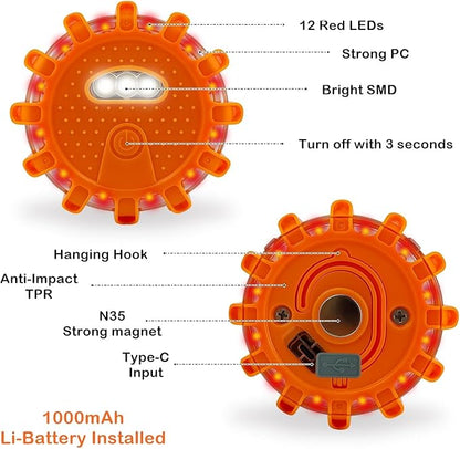 USB-C Rechargeable LED Road Flares Emergency Lights-Large Capacity (Lithium Battery) 3 in 1 Cable Roadside Warning Car Safety Beacon Flashing Disc Flare Kit with Magnetic Base for Vehicles