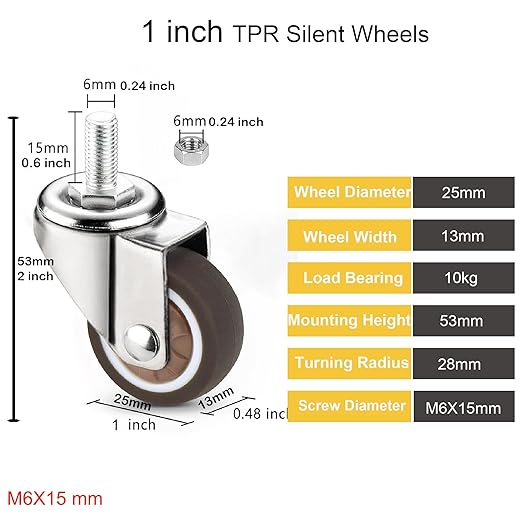 1" M6x15 Stem Casters Bolt Threaded Wheels,TPR Mute Rubber Swivel Single Caster Screws in Wheel Small with 2 Brake Locks-Brown